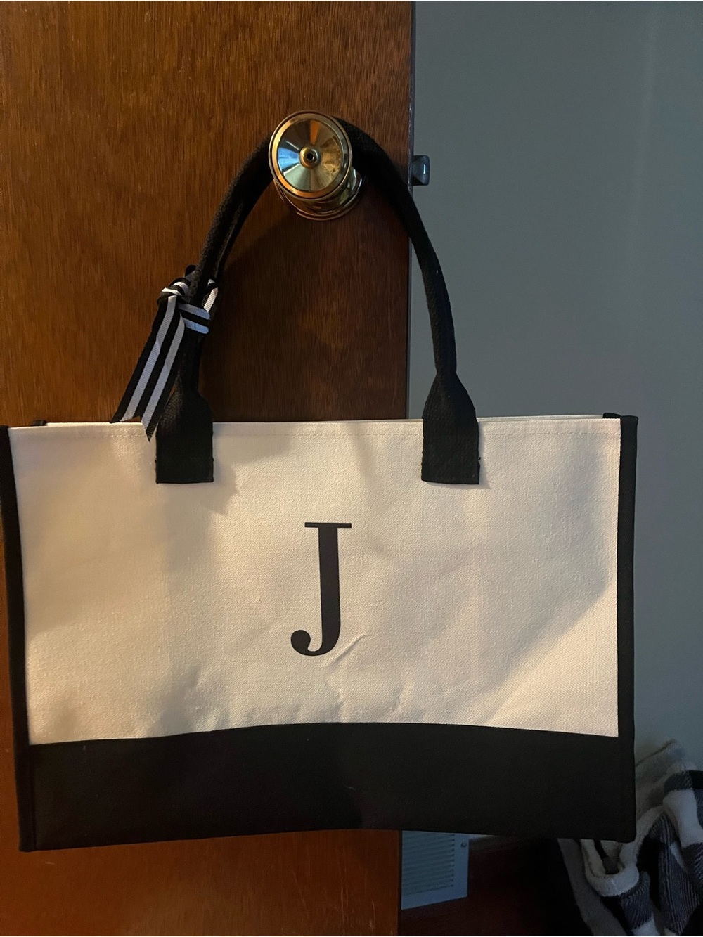 Canvas Tote Bag with Monogram J - Black & White